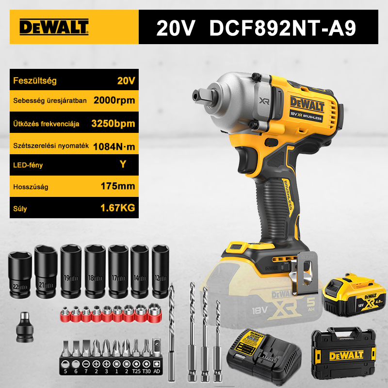 【DEWALT F892NT】Telo + 1 batéria + 1 nabíjačka, maximálny krútiaci moment 1084NM, 20V vysokokapacitná lítiová batéria s výdržou až 15 hodín na jedno nabitie.