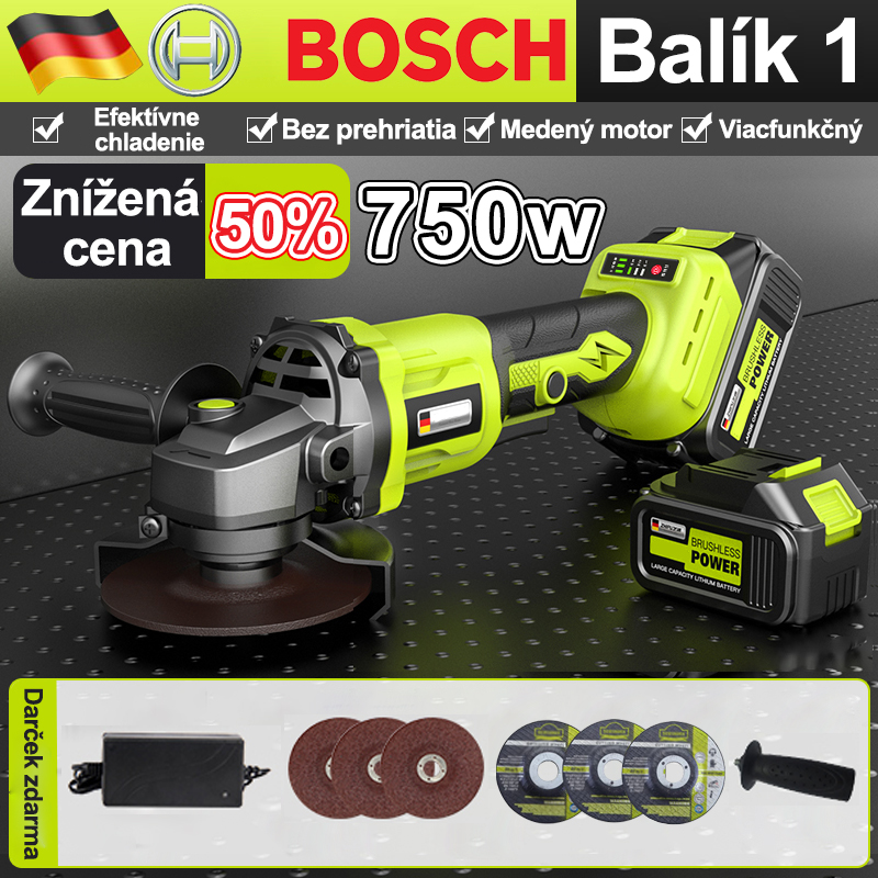 BOSCH úhlová bruska 24V+750W + lithium-ionová baterie + nabíječka 18A.