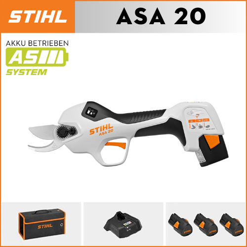 【STIHL】 ASA20*1, lithium akumulátor*3, úložná krabice*1, řezná hlava*1, nabíječka*1