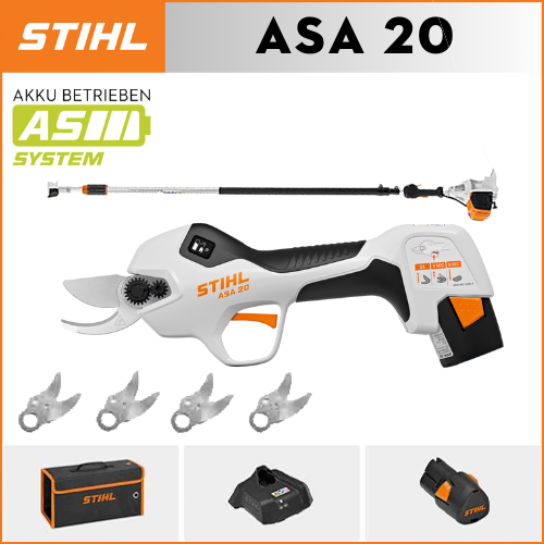 【STIHL】 ASA20*1, bateria de lítio*1, caixa de armazenamento*1, cabeça de corte*5, carregador*1, poste telescópico*1